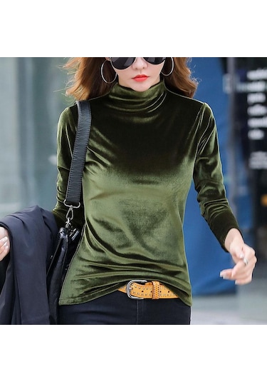 Askeri Yeşil Kış Sıcak Balıkçı Yaka Uzun Kollu Kadife Gömlek Yüksek Yaka İnce Zarif Lüks Kadife Bluz Bahar Üstleri Haki