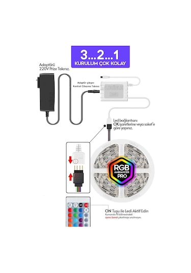1 Metre Rgb Şerit Led Kumandalı Tak Çalıştır Set