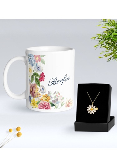 Bk Gift Kişiye Özel İsimli Çiçek Tasarımlı Beyaz Kupa Ve Papatya Kolye Hediye Seti - 8, Sevgiliye Hediye, Anneye Hediye, Arkadaşa Hediye Kobitmeyencom
