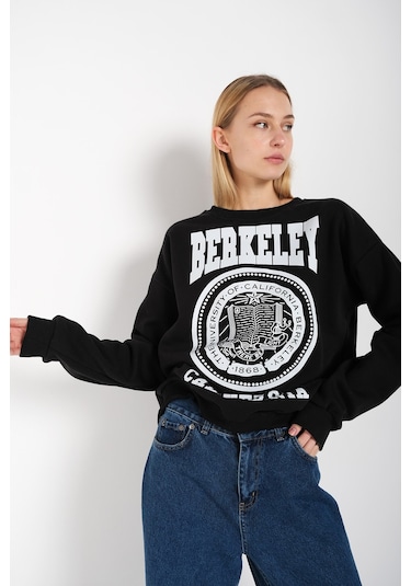 Modagen Kadın Siyah Berkeley Baskılı Bisiklet Yaka Oversize Sweatshirt Siyah