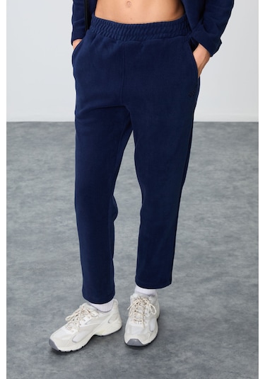 Tommy Life Lacivert Kalın Yumuşak Dokulu Dik Yaka Oversize Nakışlı Polar Kadın Eşofman Takım -95339 Lacivert