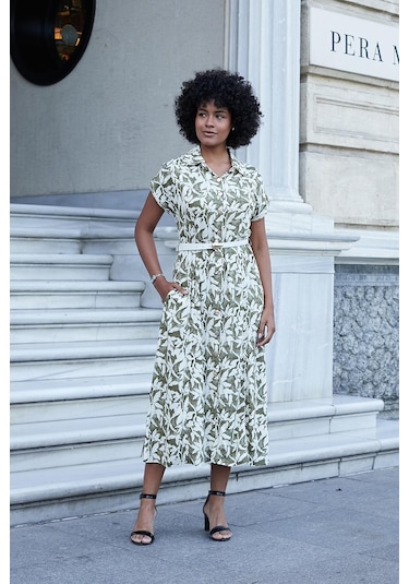 Kadın Desenli Yakalı Düşük Omuzlu Duble Kol Kemerli Midi Boy Elbise Deri Kemer Dahil -haki Çiçek Haki Ç. Kadın Desenli Yakalı Düşük Omuzlu Duble Kol Kemerli Midi Boy Elbise Deri Kemer Dahil -haki Çiçek Haki Ç.