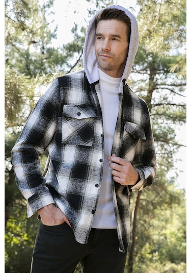 Buratti Ekoseli Çift Cepli Kapüşonlu Oduncu Erkek Gömlek Cf22W2650 Haki-Antrasit