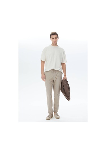 Bej Jakarlı Bisiklet Yaka Keten Karışımlı T-shirt Bej