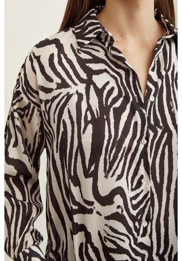 Never More Zebra Desen V Yaka Saten Gömlek Siyah