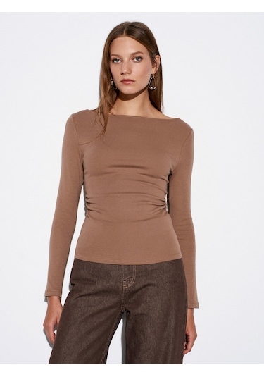 Dilvin 31401 Büzgülü Kayık Yaka Top-vizon Vizon