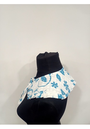 Kadın Fırfır Detay Gömlek Yaka Mavi Desenli Açık Mavi