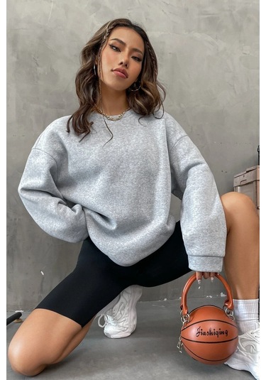 Modagen Unisex Gri Brooklyn 1898 Baskılı Bisiklet Yaka Oversize Sweatshirt Gri