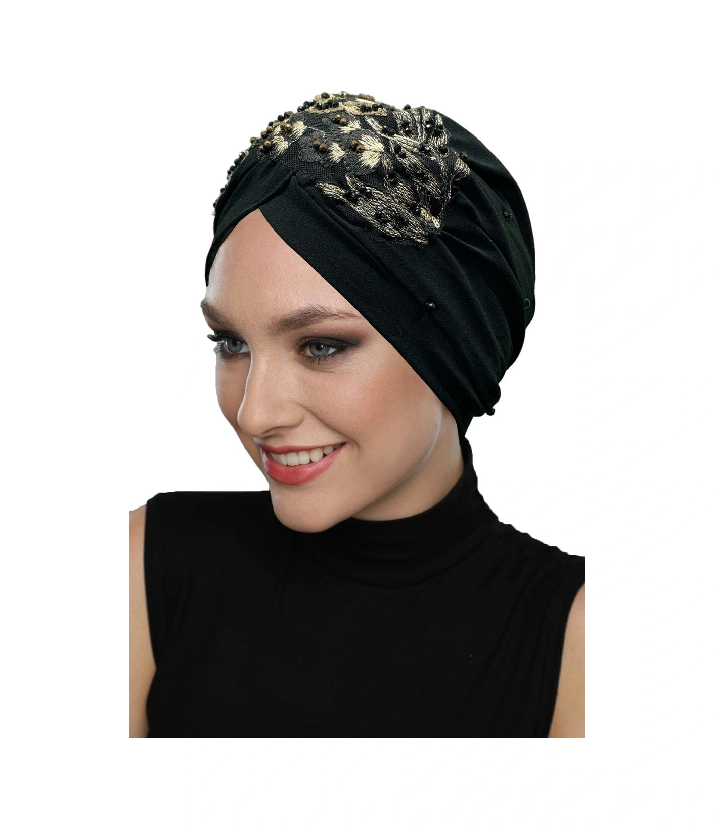 Kopma Astarlı Işlemeli Siyah Sırma Motifli Hazır Türban Tesettür Abiye Bone Siyah Sırma