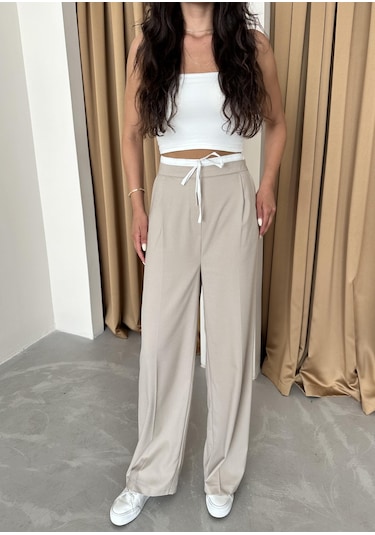 Taş Bel Bantı Detaylı Yan Fermuarlı Pantolon Taş