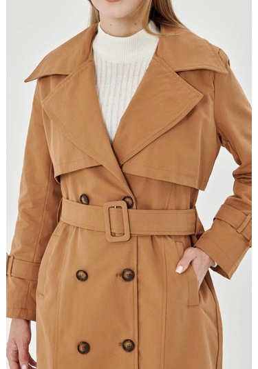 Pastelastore %100 Pamuk Gabardin Uzun 110cm Astarlı Kemerli Kadın Trençkot 1111 Tarçın