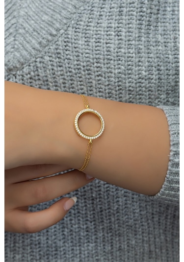 Nereze 925 Ayar Gümüş Gold Zirkon Taşlı Çeyreklik Bileklik