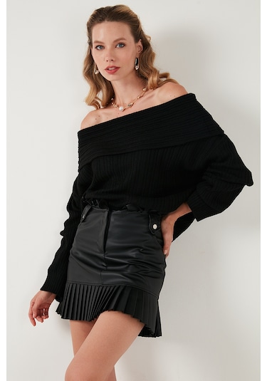 Lela Oversize Fit Madonna Yaka Triko Bayan Kazak 4615216 Siyah