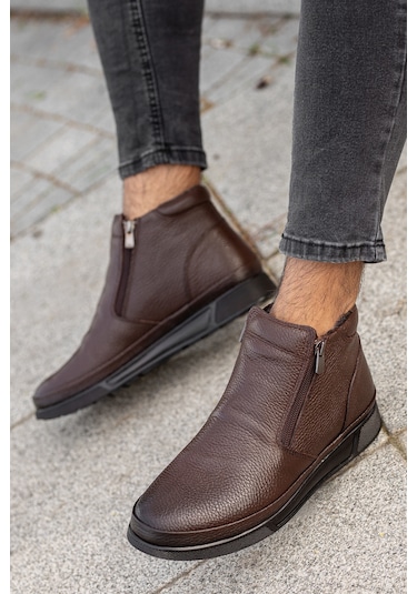 Garantili D472 Su Ve Soğuk Geçirmez Kürklü Ortopedik Hakiki Deri Erkek Bot Kahverengi