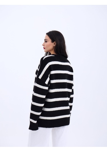 43111 Triko Çizgili Salaş Kazak-siyah-ekru Çok Renkli