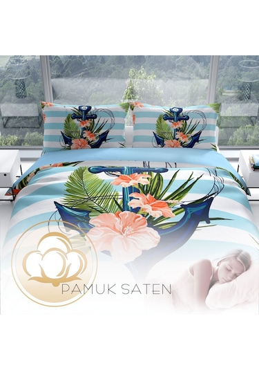 Cattleya Anchor 3D Pamuk Saten Çift Kişilik Nevresim Takımı Çok Renkli