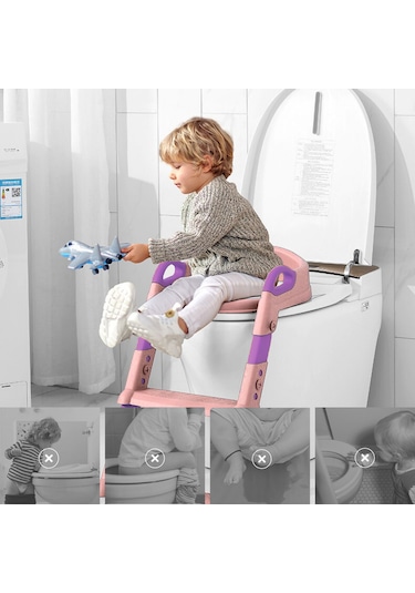 Dekohop Çocuk Merdivenli Klozet Adaptörü Yükseklik Ayarlı Pratik Pembe