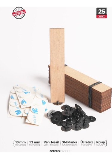 Ahşap Mum Fitili 18 Mm Genişlik Nikel Kaplama Çelik Taban, 3m Köpük Bantlı, 25 Li Set Ahşap