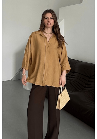 Paw Garage Kadın Evelyn Vizon Oversize Gömlek, Keten Ayrobin Ön Patlı Gömlek Vizon