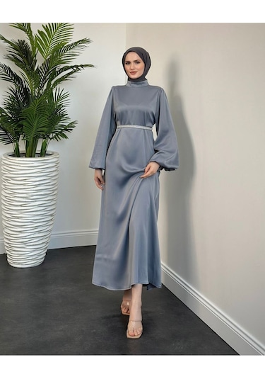 Kemer Taşlı Tesettür Abiye Gri
