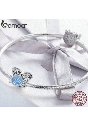 Novahub 925 Ayar Gümüş Komik Yengeç Boncuk Bilezik Kadın Mavi Emaye Göz Alıcı Gümüş