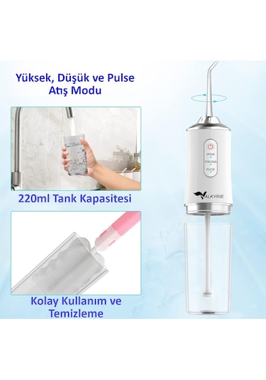 Valkyrie Şarj Edilebilir 4 Başlıklı Taşınabilir Diş Protez Bakım Ve Ağız Duşu Yüksek Kapasite Beyaz