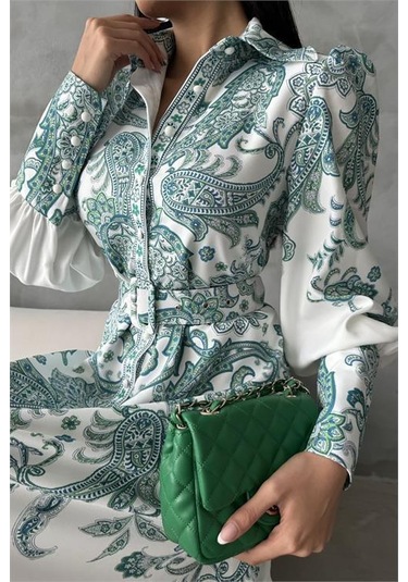 Dipmoda Kadın Kemerli Uzun Desenli Gömlek Elbise Dpms4220 Yeşil