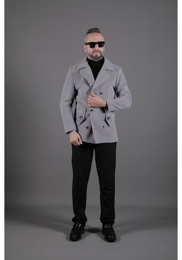 Ohepmoda Desenli Kruvaze Erkek Kaşe Kaban Koyu Gri