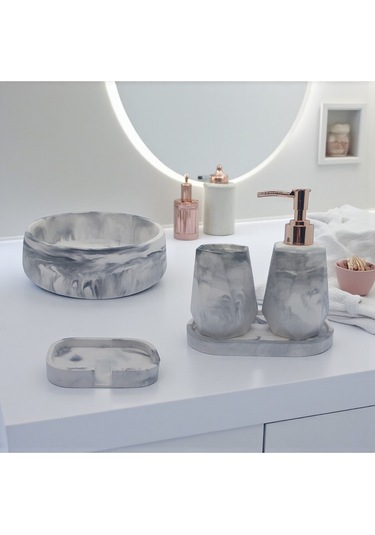 5'li Taş Banyo Seti Sıvı Sabunluk Diş Fırçalık Kase Tepsi Set Beyaz - Gri Mermer Desenli Gri