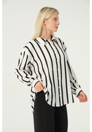 Basic Oversize Çizgili Gömlek Siyah Beyaz Siyah - Beyaz