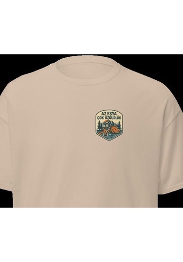Wildstyle Az Eşya Çok Özgürlük Renkli Kamp Doğa Minimalist Baskılı Unisex Bisiklet Yaka Pamuklu Tişört Camel