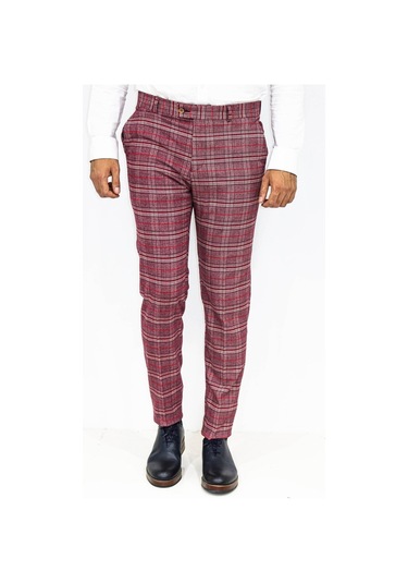 Wessi Ekose Desenli Slim Fit Bordo Erkek Pantolon Bordo