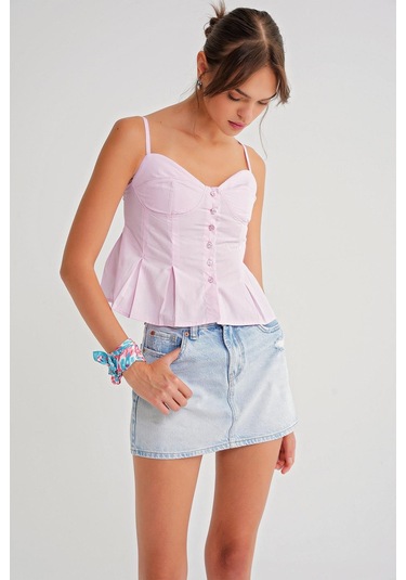 4737 Kadın Düğmeli Kuplu Pileli Bluz Pembe Pembe