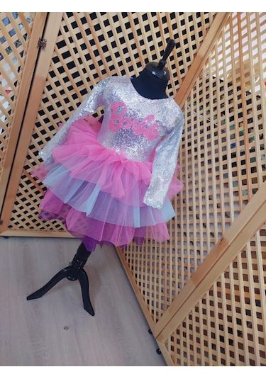 Uzun Kollu Barbie Elbise Rengarenk Pembe Gri