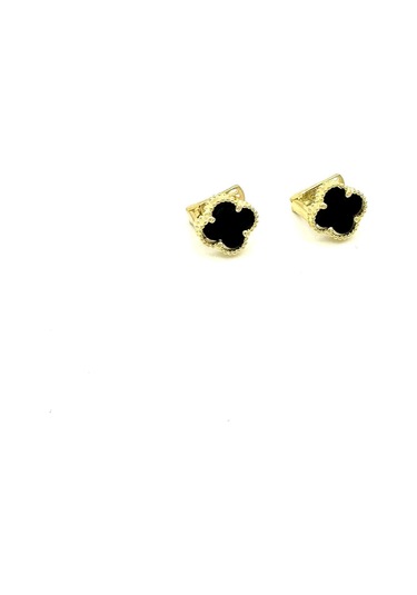 Bayan Gümüş Yonca Oniks Taşlı Küpe Gold