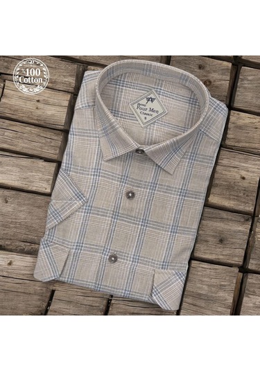 Linen Keten Klasik %100 Cotton Kısa Kollu Terletmeyen İki Cepli Kapaklı Vizon Gömlek Regular Kalıp -10172 Vizon