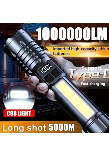 Yüksek Güçlü Led El Feneri Güçlü Type-c Şarj Edilebilir Cob El Siyah