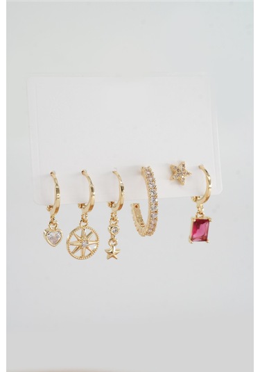 By Zeyna Aksesuar Kadın Vip Seri Mix Zirkon Taşlı 6'lı Küpe Seti-4041 Altın