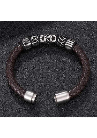 Trend Erkek Bileklik Kahverengi Hakiki Deri Bileklik Charm İle Makrome Tokalı Bilezik Punk Takı Kahverengi