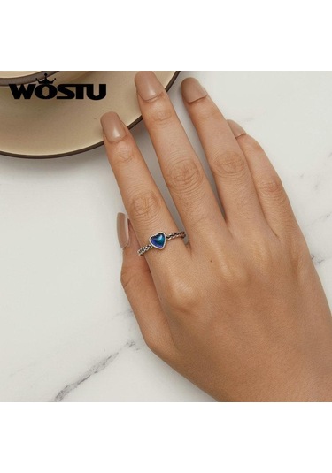 Wostu 925 Ayar Gümüş Duygu Taş Renk Değişimi Kalp Ayarlanabilir Yüzük Platin Kaplama Kadınlar İçin Parti Güzel Takı