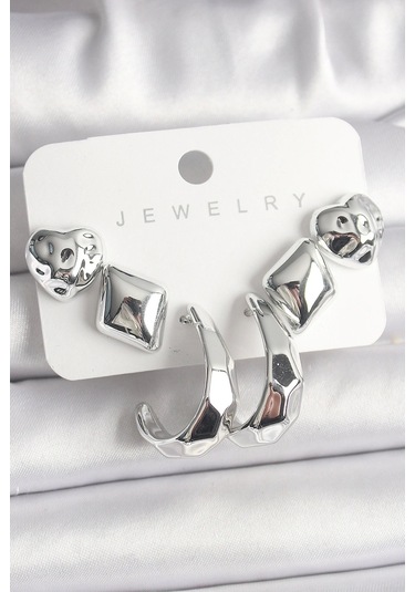 Gümüş Renk Kalp Halka Figür Ccb Plastik Kadın Küpe Seti Çok Renkli