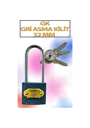 Uzun Tip Gri Asma Kilit 32 Mm 3 Anahtarlı