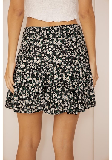 Darlin Moda Siyah Çiçek Desenli Mini Şort Etek Dm2024 Siyah