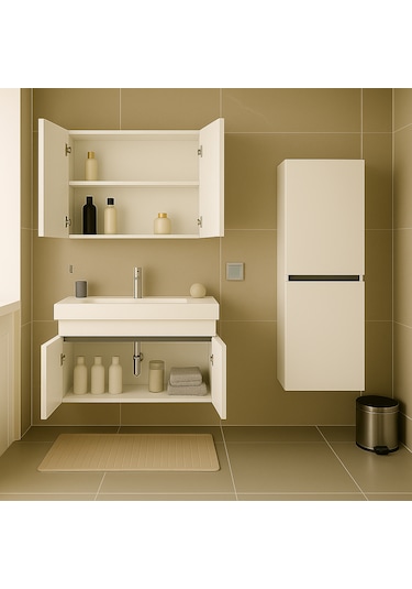 Arista 80 Cm Beyaz Mdf, Seramik Lavabolu, Alt - Üst Ve Boy Dolap Beyaz