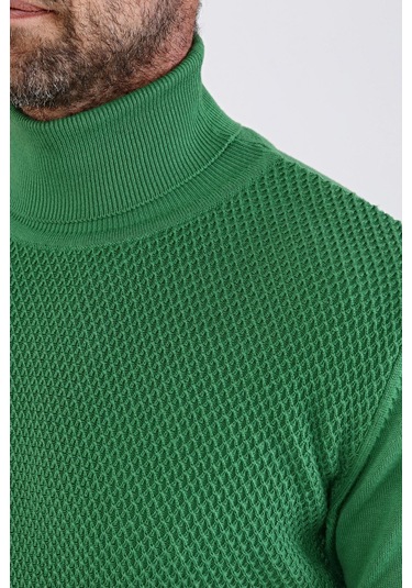 Çizgi Triko Erkek Tam Balıkçı Yaka Pamuklu Triko Kazak 4669E Yeşi Yeşil