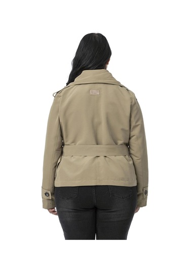 Büyük Beden Mono Yaka Kemerli Astarlı Kısa Çağla Yeşili Trençkot Çağla Yeşili