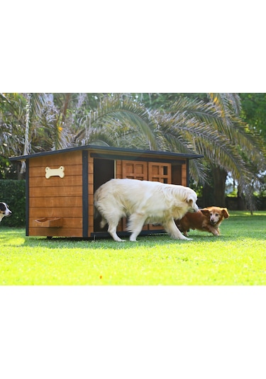 MANDU Ahşap İkiz Köpek Kulübesi (2 yuva tek kulübe) + İsimlik ve