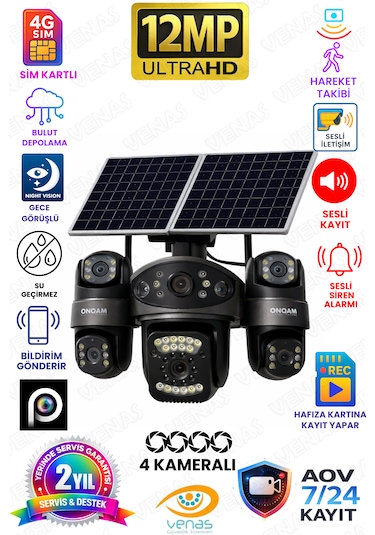 4 Kameralı Çift Solar Panelli Sim Kartlı Gece Görüşlü Aov Güvenlik Kamerası