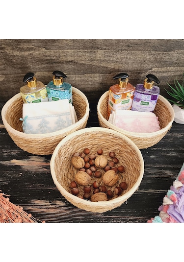Nergis Hasır 3 Lü Sepet Saklama Kutusu Sepet Takımı Krem