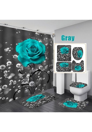 Gri Çiçek Açan Çiçekler Gül Kelebek Duş Perdesi Seti Su Geçirmez Banyo Klozet Kapağı Banyo Kaymaz Mat Halı Halı Banyo Dekor 4 A Gri